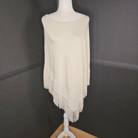 WHBM White House Black Market NWOT shimmering fringe poncho Small light gold - Picture 1 of 17